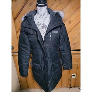 Columbia Omni Heat Winter Parka Jacket Black Faux Fur Hood Womens XS Coat